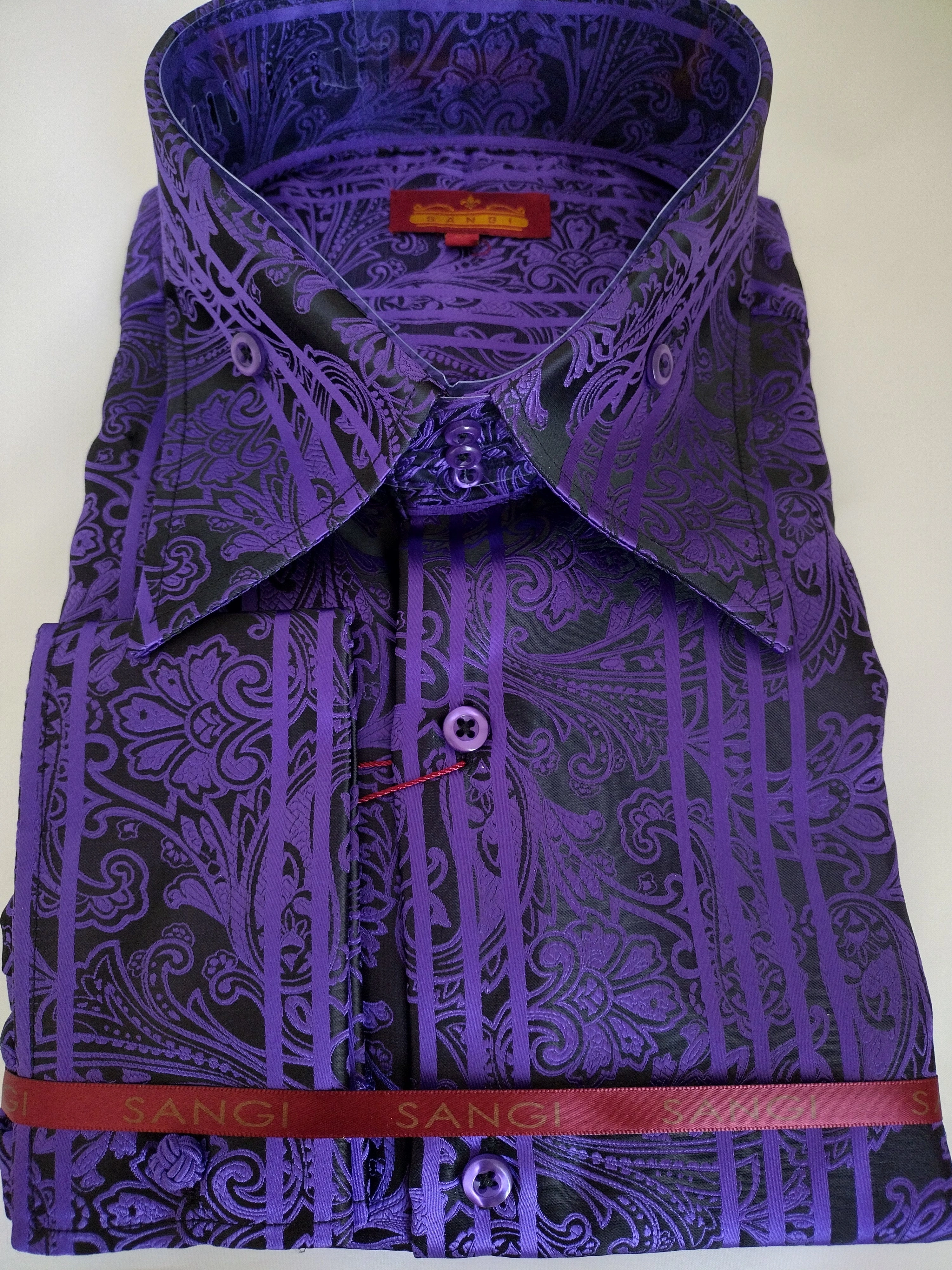 SANGI MONACO: Black & Purple Paisley Masterpiece—French Cuff Shirt. Iconic style.