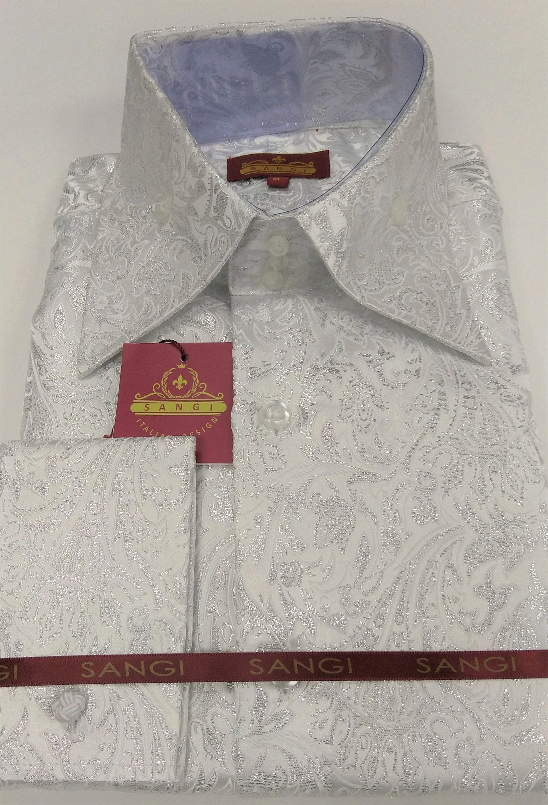 SANGI MILAN: White Foil Paisley High Collar Shirt, An Exquisite Statement Piece for the Modern Gentleman.