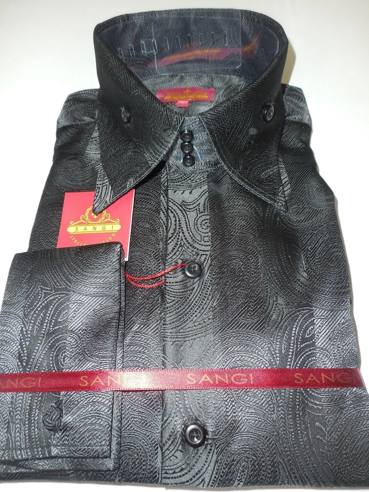 Dazzling Black Paisley SANGI Shirt: High Collar Cool, Cuffed Style - Get Yours Now, Lads!