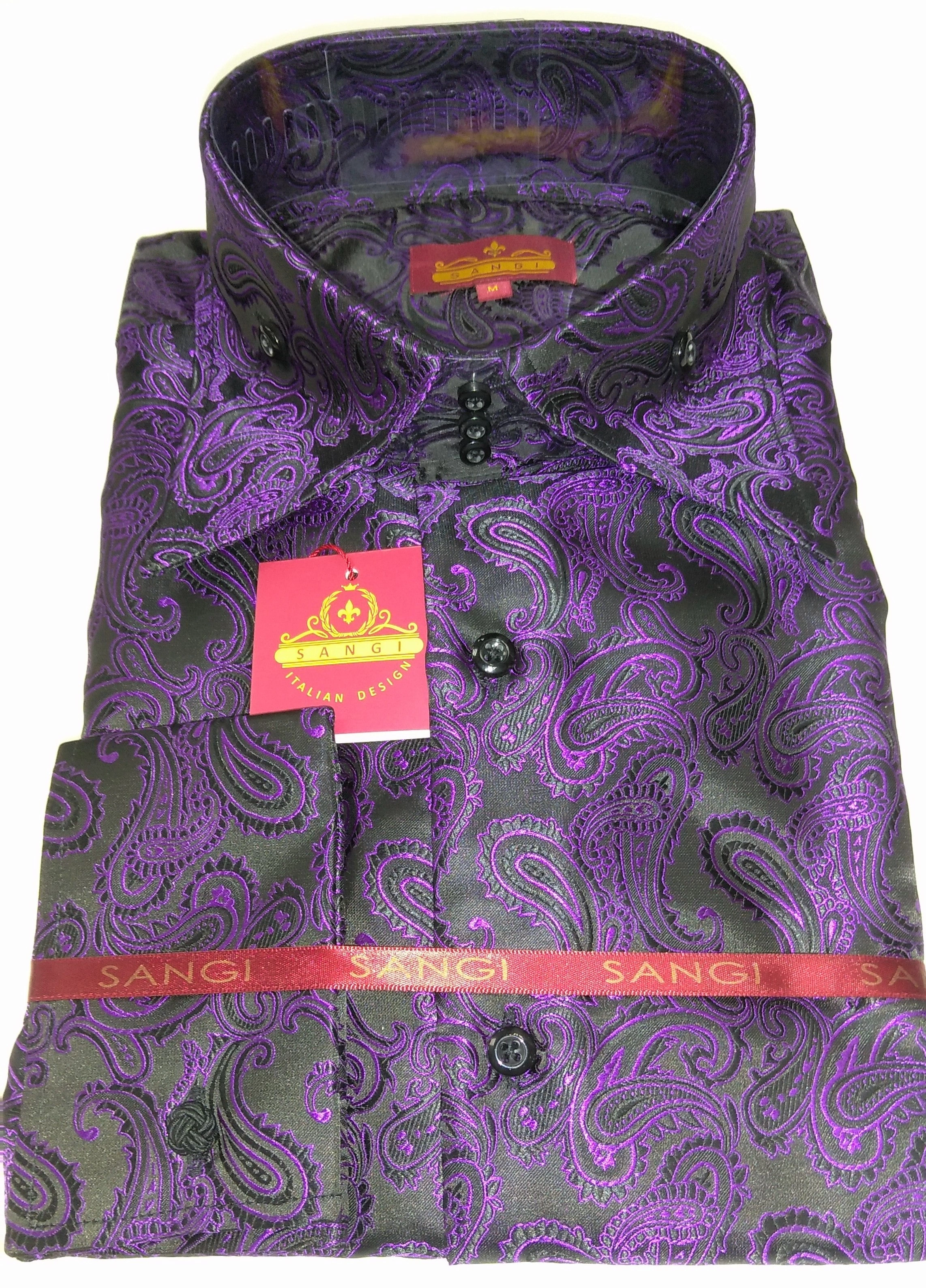 SANGI MILAN: Black & Purple Paisley French Cuff Shirt. Effortlessly stylish. A touch of Italian flair. Get yours now.