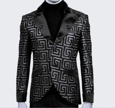 Dazzling Black & Silver Greek Key Jacket by LOUIS VINO A Statement Piece for Gents' Night Out!